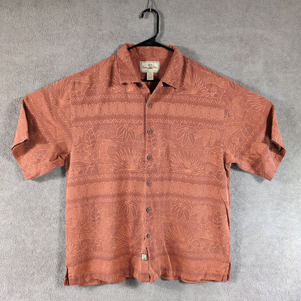Seven Palm Mens Large Silk Jacquard Tropical Tribal Camp Shirt Terracotta Orange